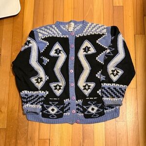 Geometric Patterned Black and Blue Women's Cardigan